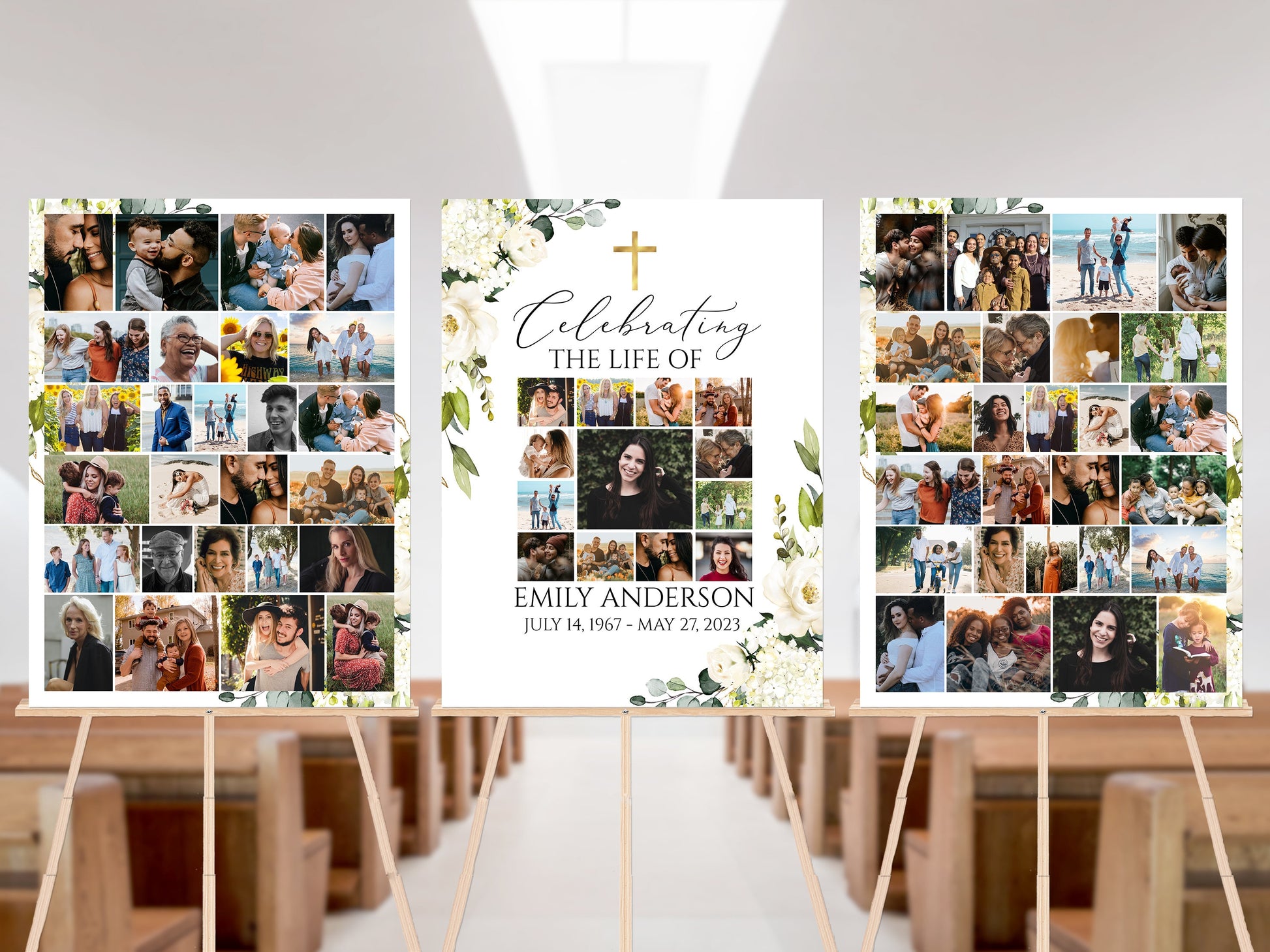 Celebration Of Life White Greenery Floral Gold Cross Photo Collage Funeral Welcome Sign Templates, White Greenery Photo Memorial Sign Funeral Poster Photo Display Set