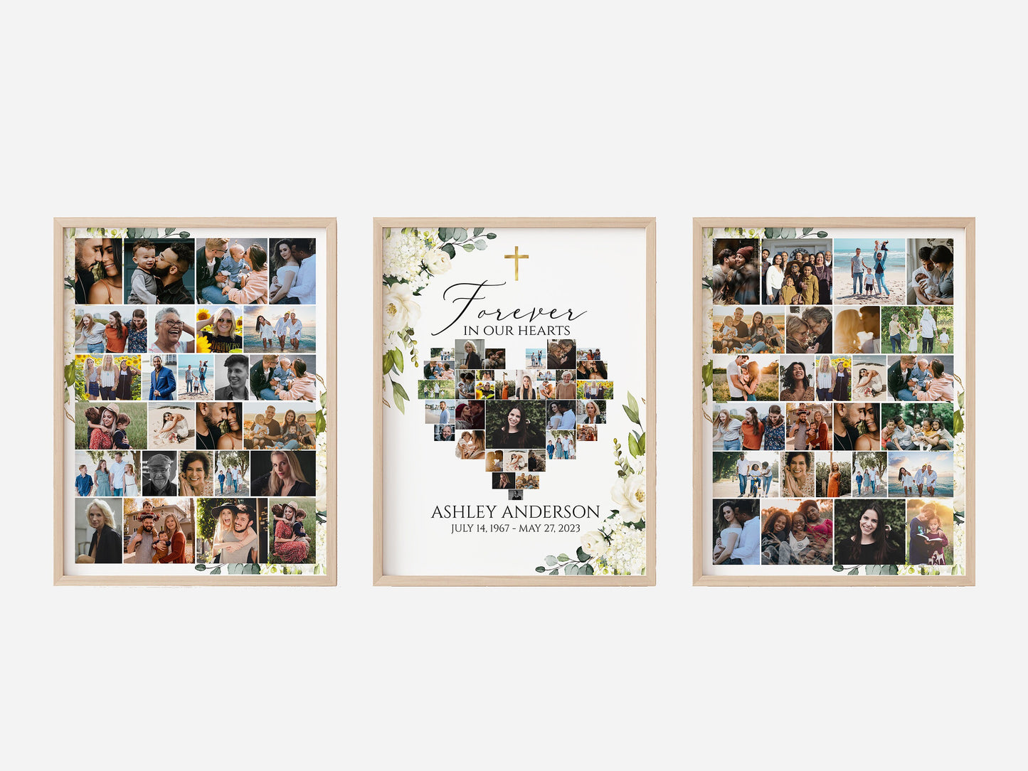 Forever in our Hearts White Greenery Floral Gold Cross Heart Photo Collage Funeral Welcome Sign Templates White Greenery Floral Gold Cross Memorial Photo Display Set