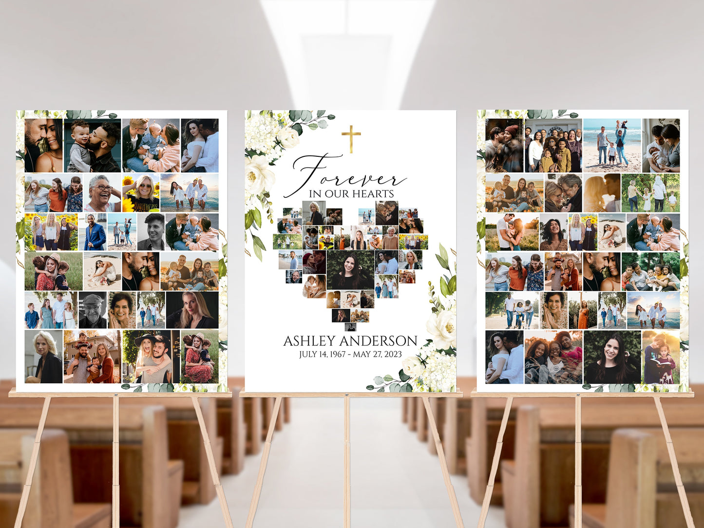 Forever in our Hearts White Greenery Floral Gold Cross Heart Photo Collage Funeral Welcome Sign Templates White Greenery Floral Gold Cross Memorial Photo Display Set