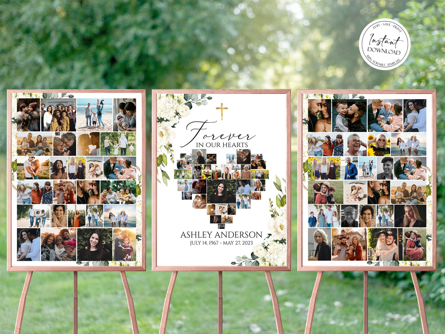 Forever in our Hearts White Greenery Floral Gold Cross Heart Photo Collage Funeral Welcome Sign Templates White Greenery Floral Gold Cross Memorial Photo Display Set