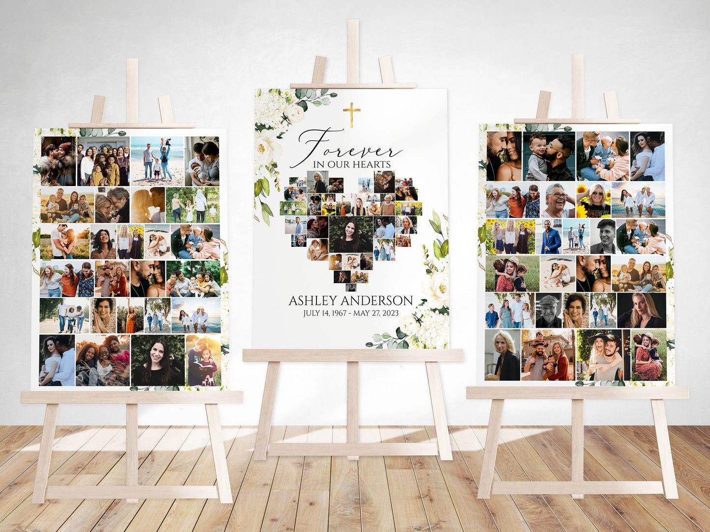 Forever in our Hearts White Greenery Floral Gold Cross Heart Photo Collage Funeral Welcome Sign Templates White Greenery Floral Gold Cross Memorial Photo Display Set