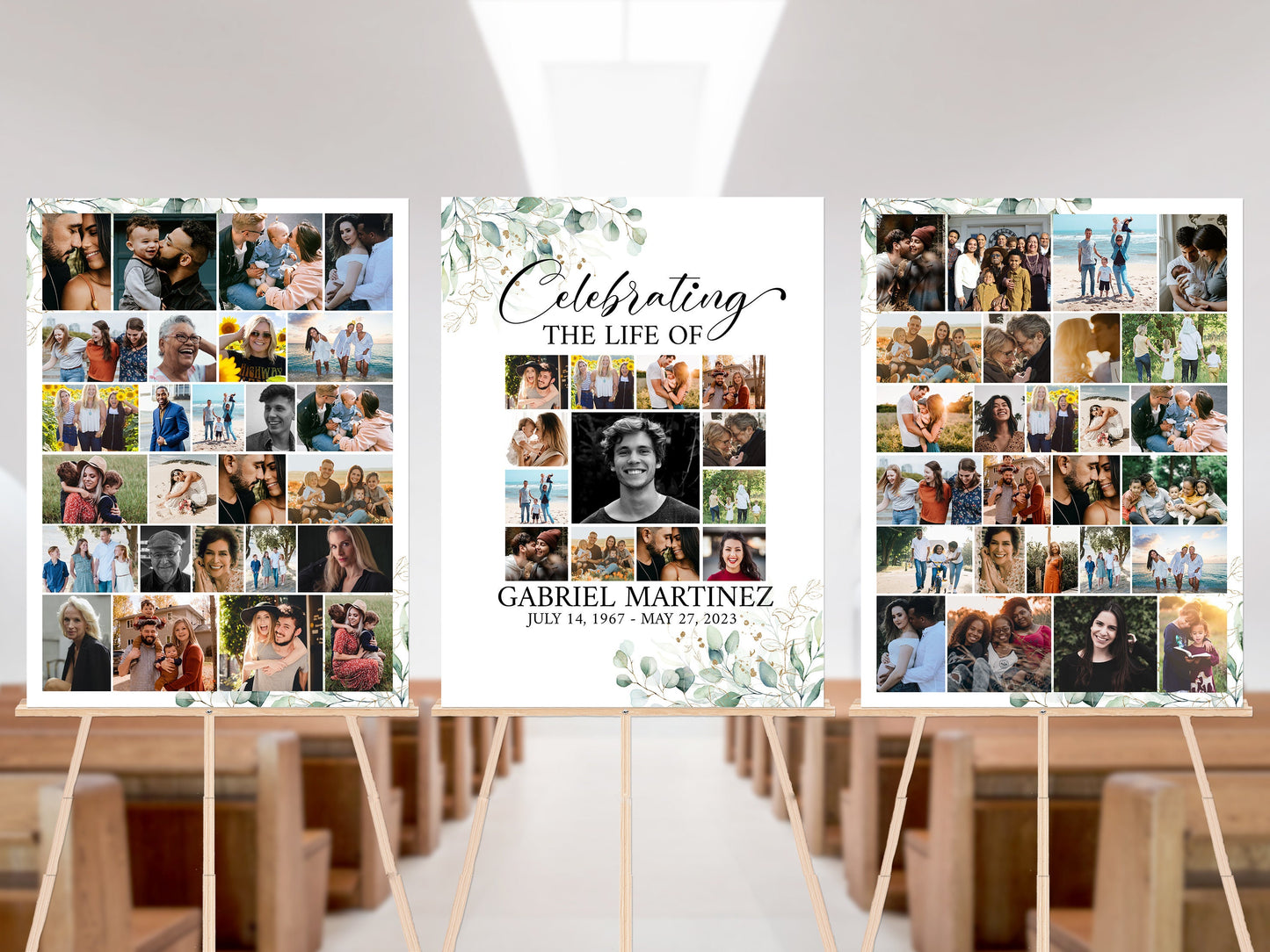 Celebration Of Life Watercolor Greenery Gold Photo Collage Funeral Welcome Sign Templates. Editable Greenery Photo Collage Funeral Poster, Photo Memorial Sign, Funeral Poster Photo Display Set G1