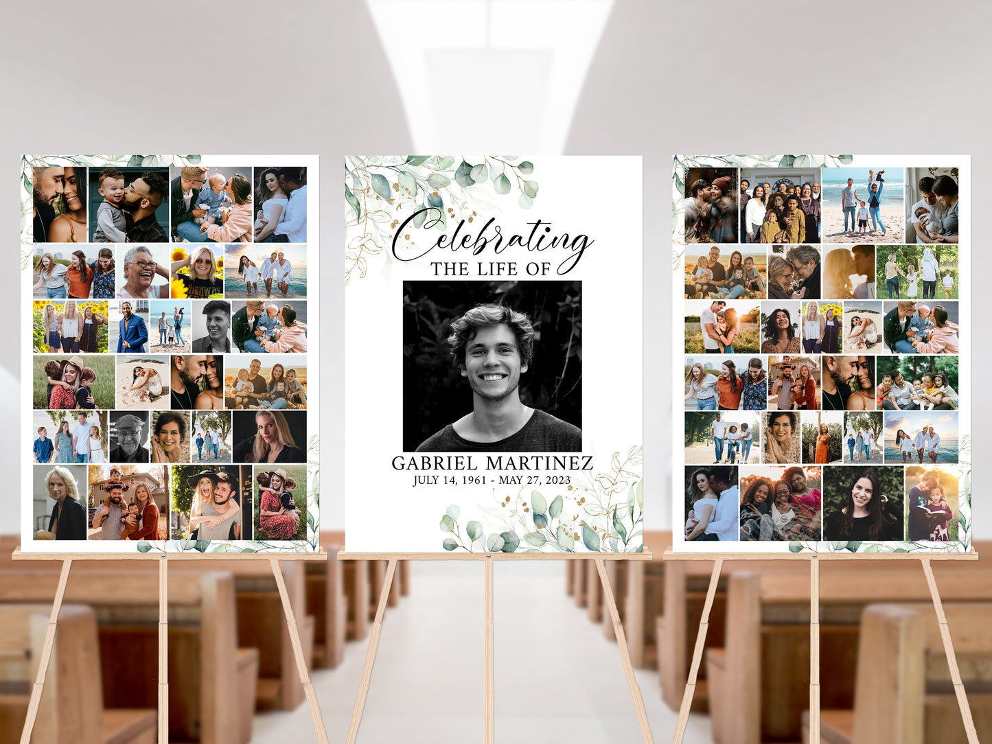 Editable Celebration Of Life Watercolor Greenery Gold Photo Collage Funeral Welcome Sign Templates, Greenery Photo Memorial Sign, Funeral Photo Display Set G1