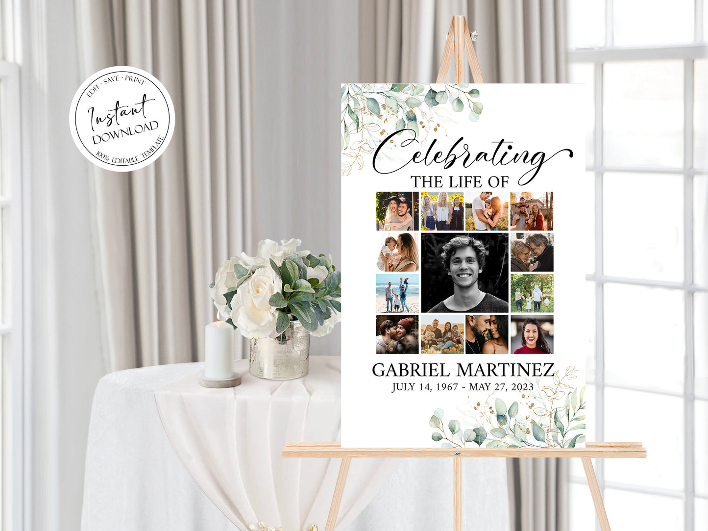 Celebration Of Life Watercolor Greenery Gold Photo Collage Funeral Welcome Sign Template, Greenery Photo Collage Funeral Poster, Photo Collage Memorial Sign G1