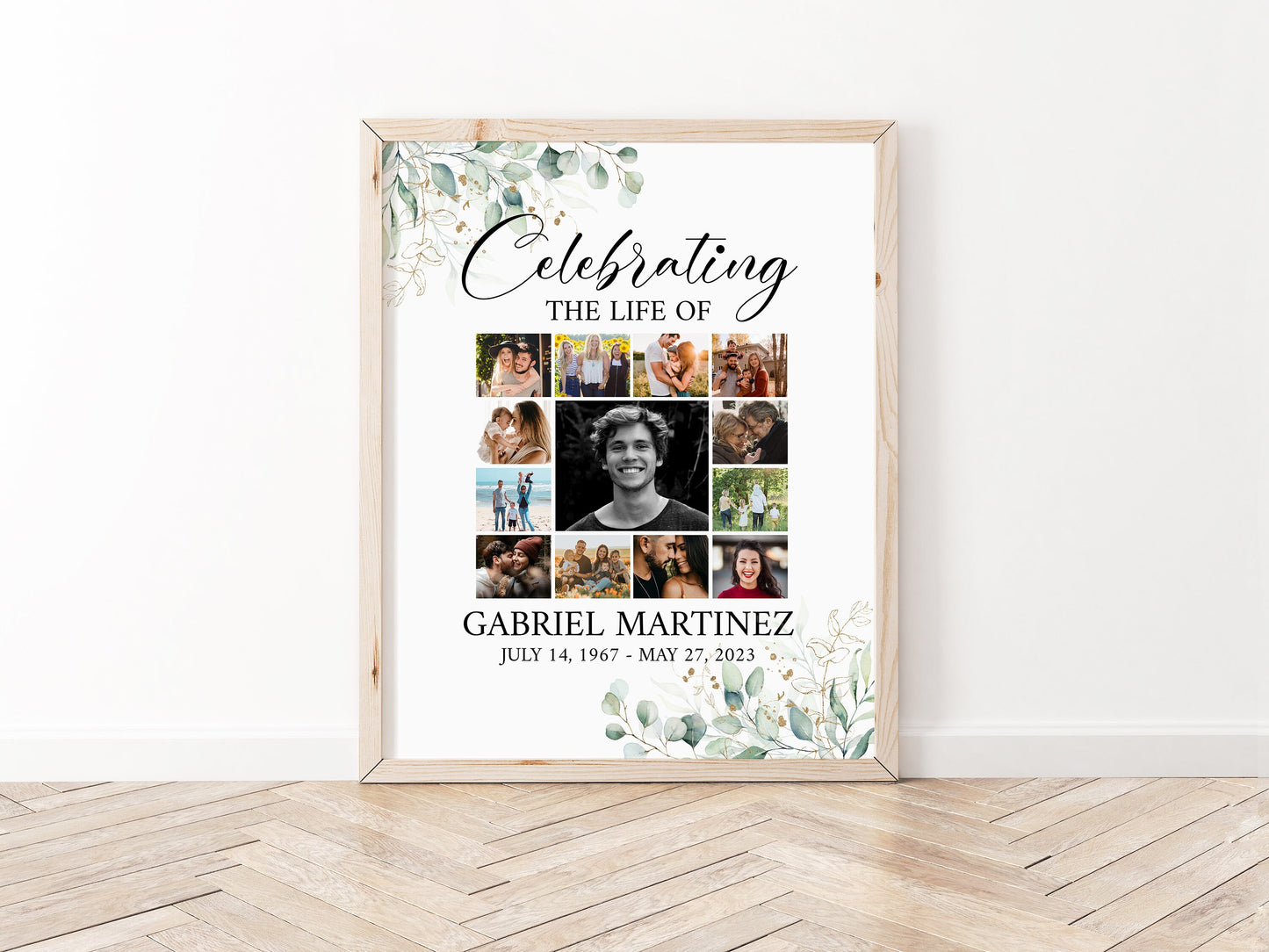 Celebration Of Life Watercolor Greenery Gold Photo Collage Funeral Welcome Sign Template, Greenery Photo Collage Funeral Poster, Photo Collage Memorial Sign G1