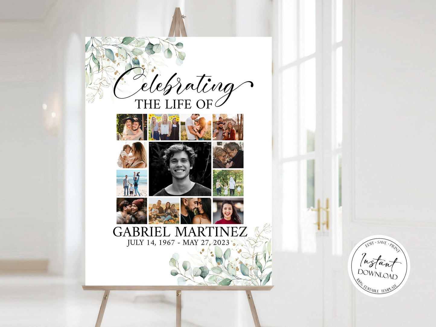 Celebration Of Life Watercolor Greenery Gold Photo Collage Funeral Welcome Sign Template, Greenery Photo Collage Funeral Poster, Photo Collage Memorial Sign G1