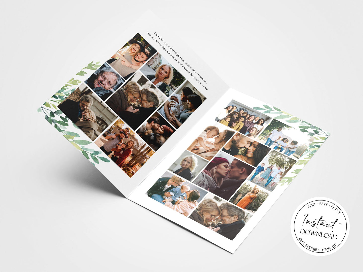 Celebration of Life 8 Page Greenery Watercolor Funeral Program Template Funeral Brochure, Editable Greenery Memorial Program Green Obituary Program G2
