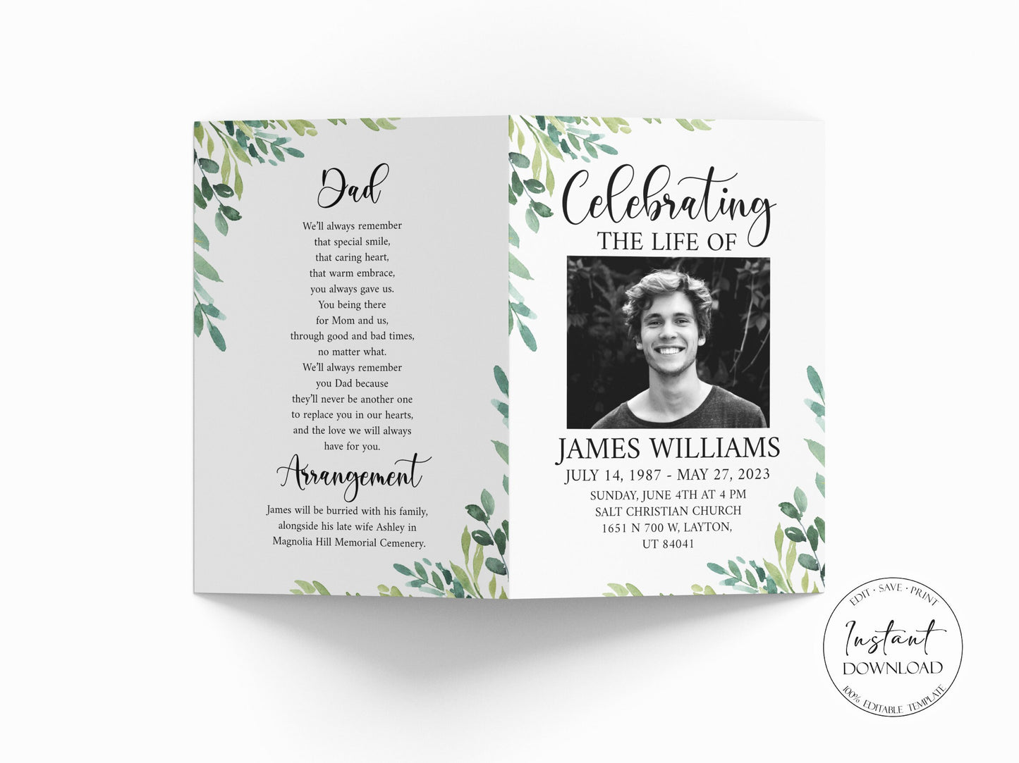 Celebration of Life 8 Page Greenery Watercolor Funeral Program Template Funeral Brochure, Editable Greenery Memorial Program Green Obituary Program G2