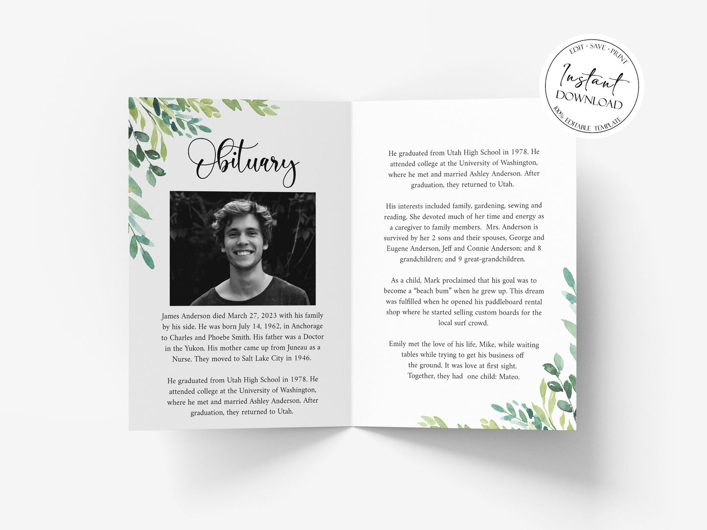 Celebration of Life 8 Page Greenery Watercolor Funeral Program Template Funeral Brochure, Editable Greenery Memorial Program Green Obituary Program G2