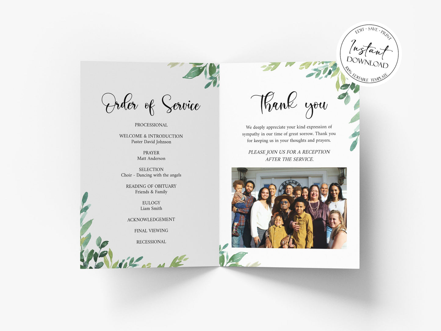 Celebration of Life 8 Page Greenery Watercolor Funeral Program Template Funeral Brochure, Editable Greenery Memorial Program Green Obituary Program G2