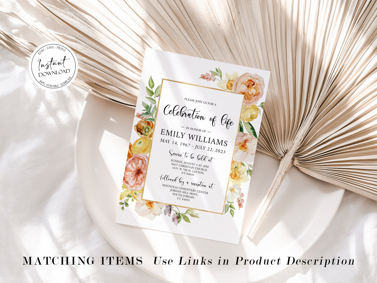 Celebration of life Elegant Yellow Pink Floral Funeral Invitation Template E1