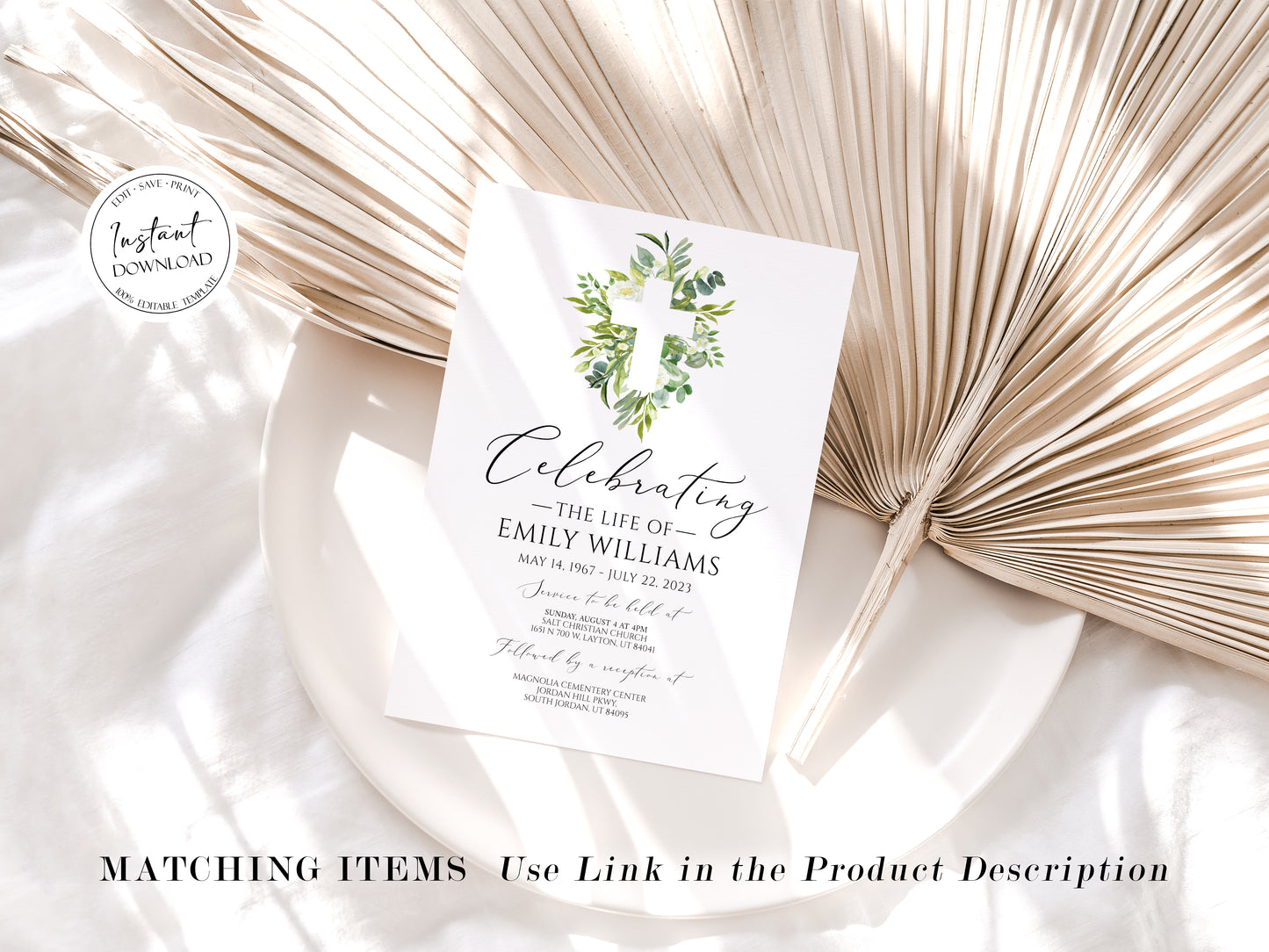 Celebration of life Watercolor Greenery Cross Digital Funeral Invitation Template, Greenery Cross Funeral Announcement, Memorial Evite, Greenery Electronic Funeral