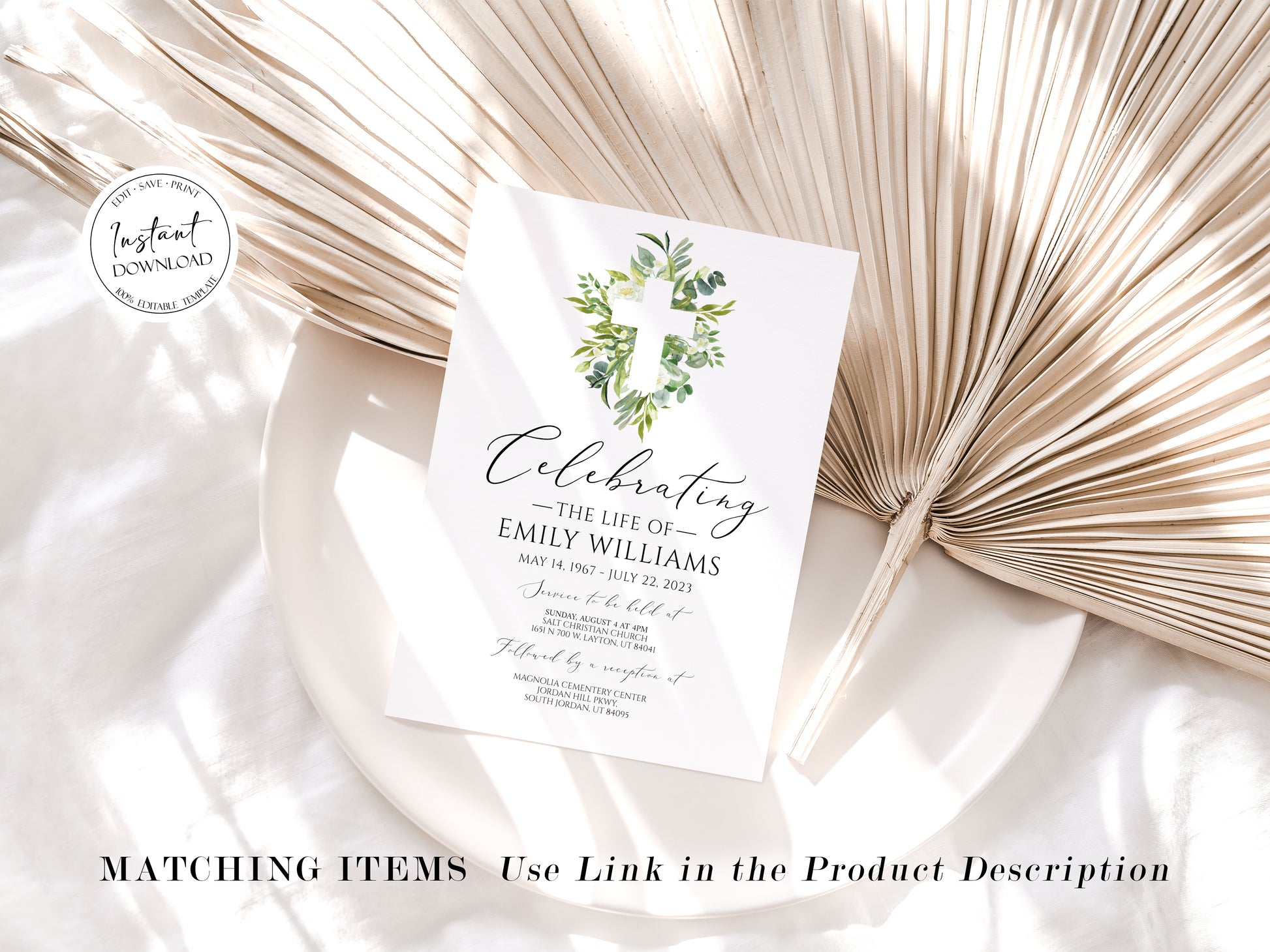 Celebration of life Watercolor Greenery Cross Funeral Invitation Template, Greenery Cross Funeral Invitation, Watercolor Greenery Cross Funeral Announcement Card