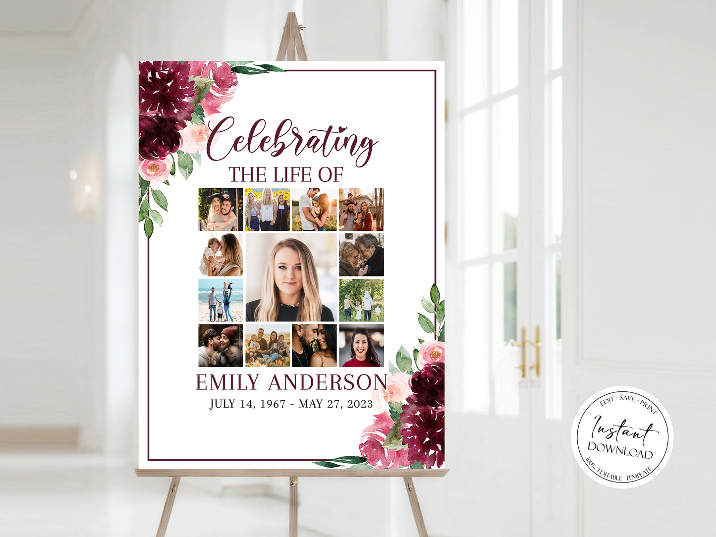 Celebration Of Life Red Photo Collage Funeral Welcome Sign, Red Roses Photo Collage Funeral Poster, Burgundy Photo Collage Memorial Sign R3