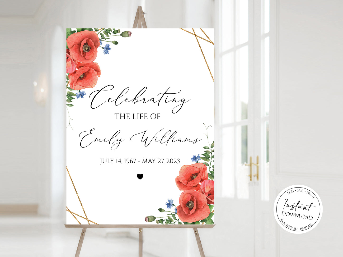 Celebration Of Life Red Poppies Greenery Funeral Welcome Sign Template, Red Poppies Greenery Memorial Sign, Editable Red Funeral Sign, Red Poppies Greenery Funeral
