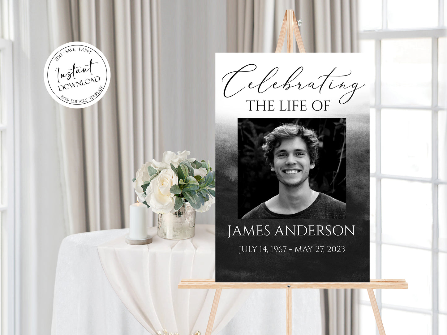 Celebration Of Life Black Watercolor Funeral Welcome Sign Template, Black Funeral Welcome Sign, In Loving Memory Welcome Sign, Black Obituary Memorial Sign