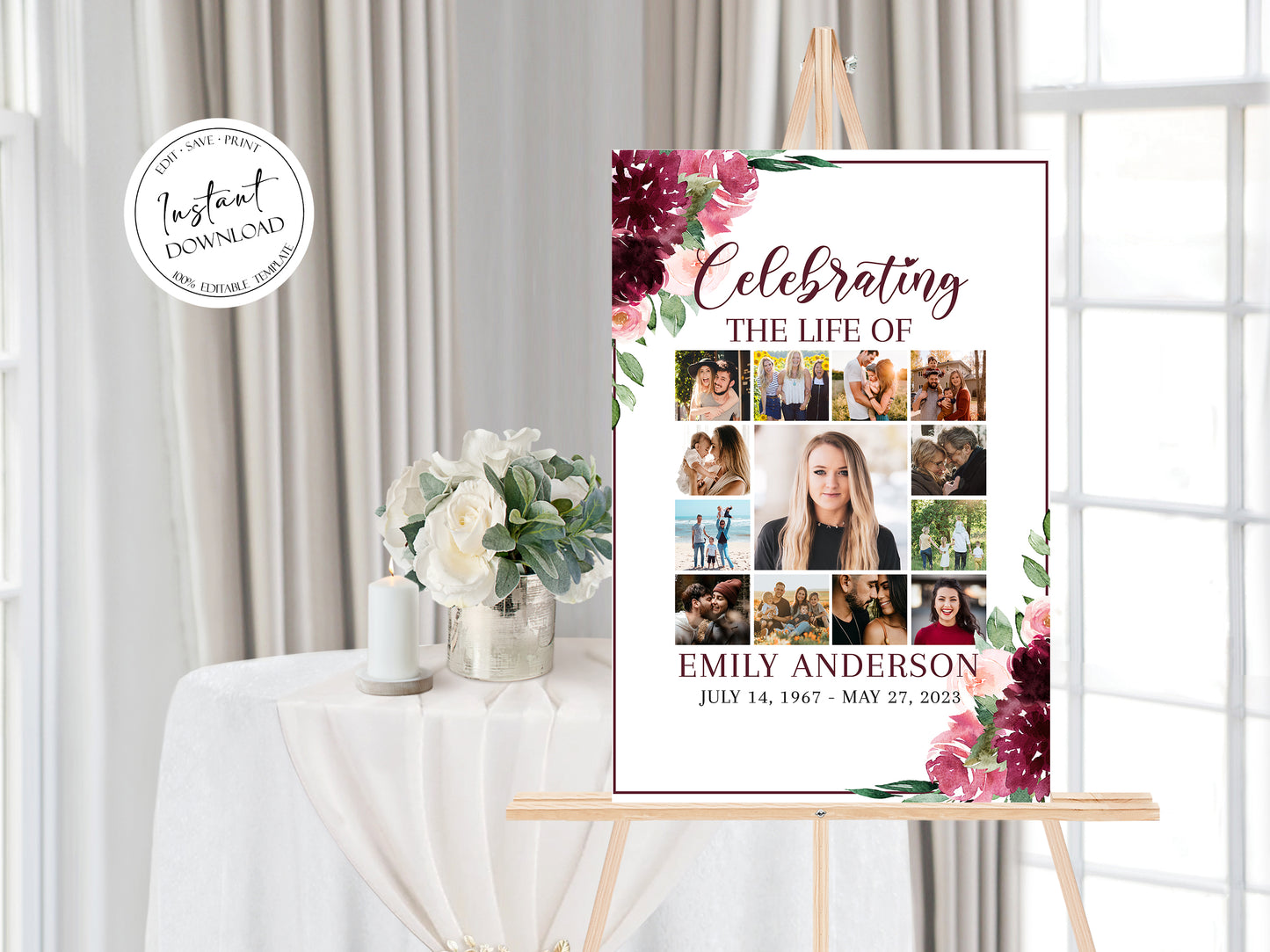 Celebration Of Life Red Photo Collage Funeral Welcome Sign, Red Roses Photo Collage Funeral Poster, Burgundy Photo Collage Memorial Sign R3