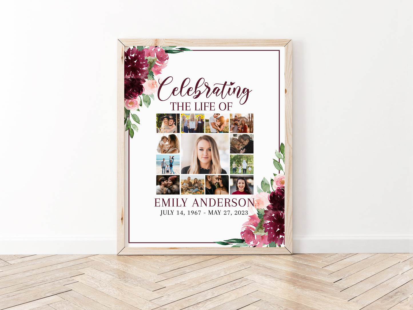 Celebration Of Life Red Photo Collage Funeral Welcome Sign, Red Roses Photo Collage Funeral Poster, Burgundy Photo Collage Memorial Sign R3