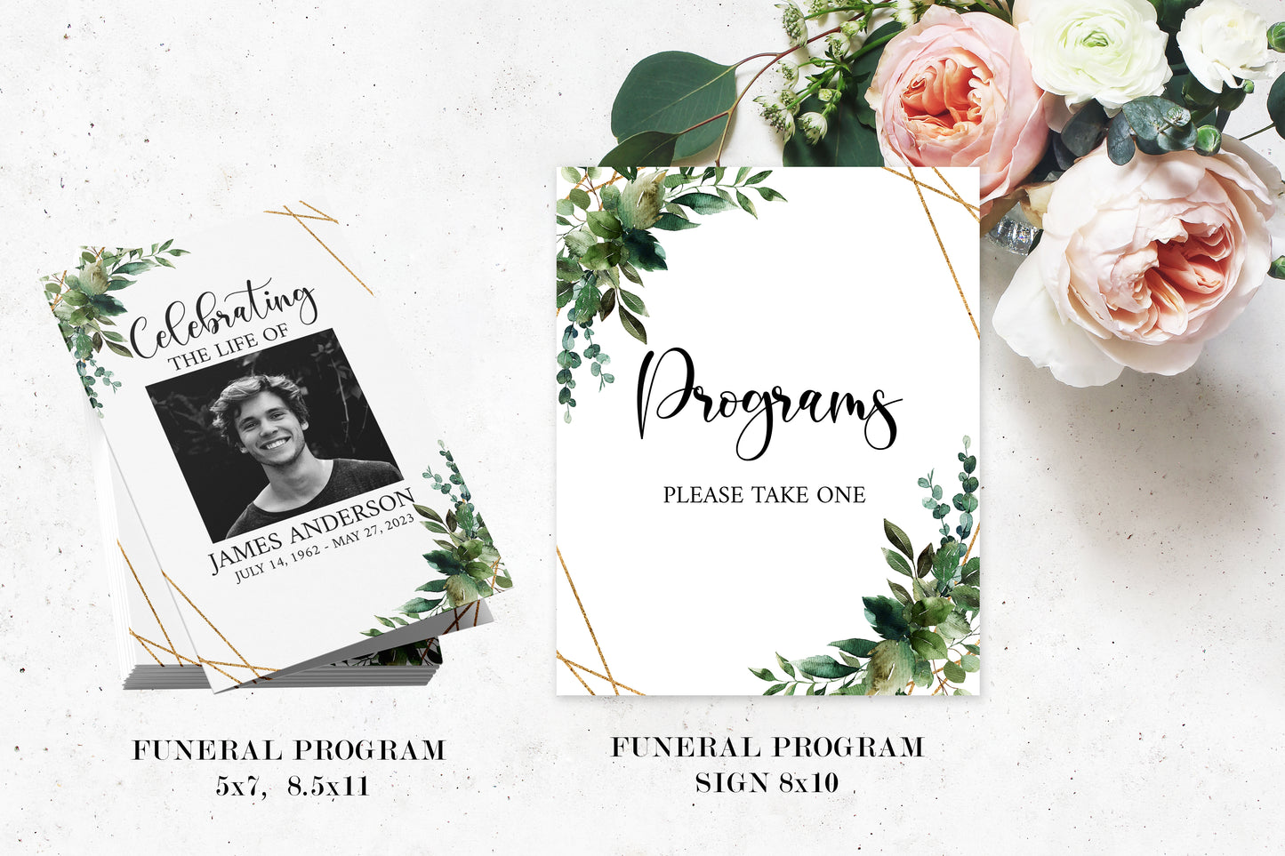 Celebration of Life Watercolor Greenery Gold Funeral Bundle Q1