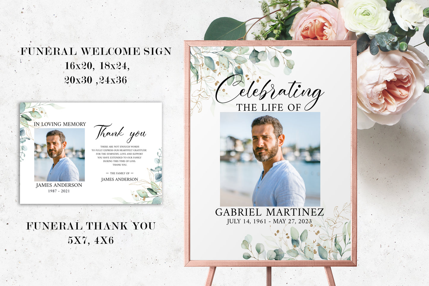 Celebration of Life Watercolor Greenery Gold Funeral Bundle, Greenery Memorial Package, Celebration of Life Package, In Loving Memory Suite Eucalyptus Funeral Set G1