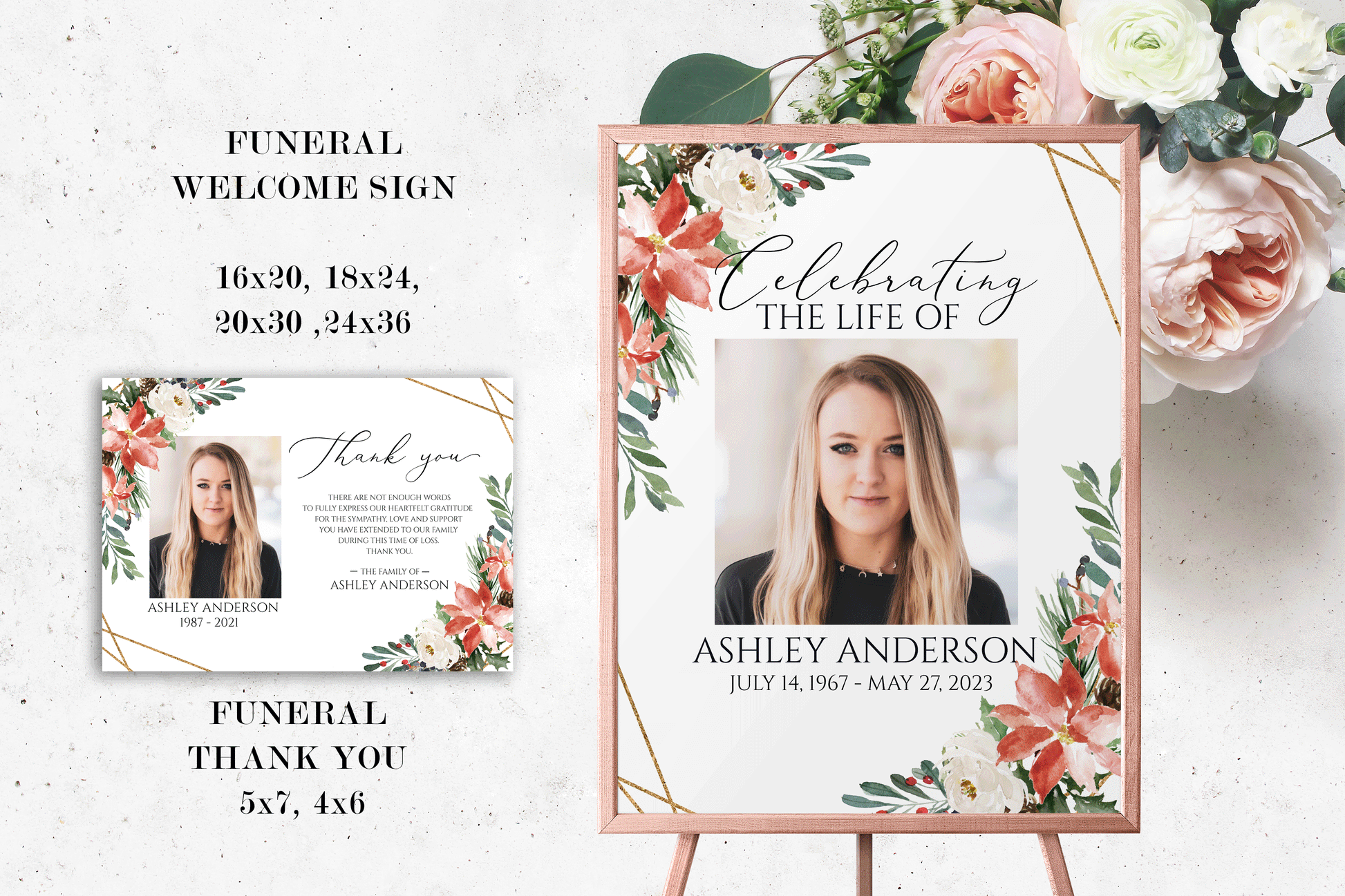 Editable Celebration of Life Christmas Winter Red Greenery Gold Funeral Bundle Templates, Christmas Memorial Package, Celebration of Life Funeral Set