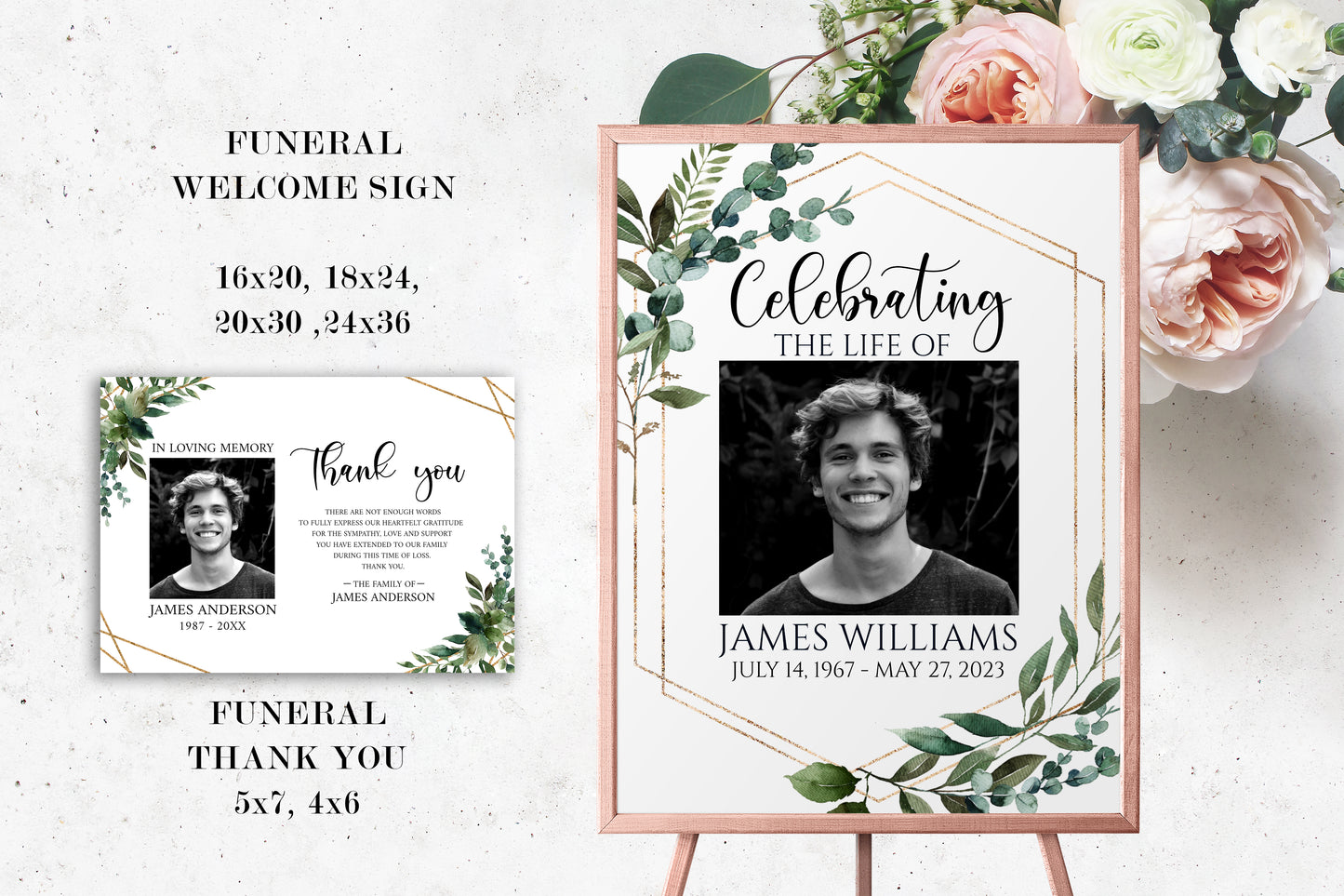 Celebration of Life Watercolor Greenery Gold Funeral Bundle Q1