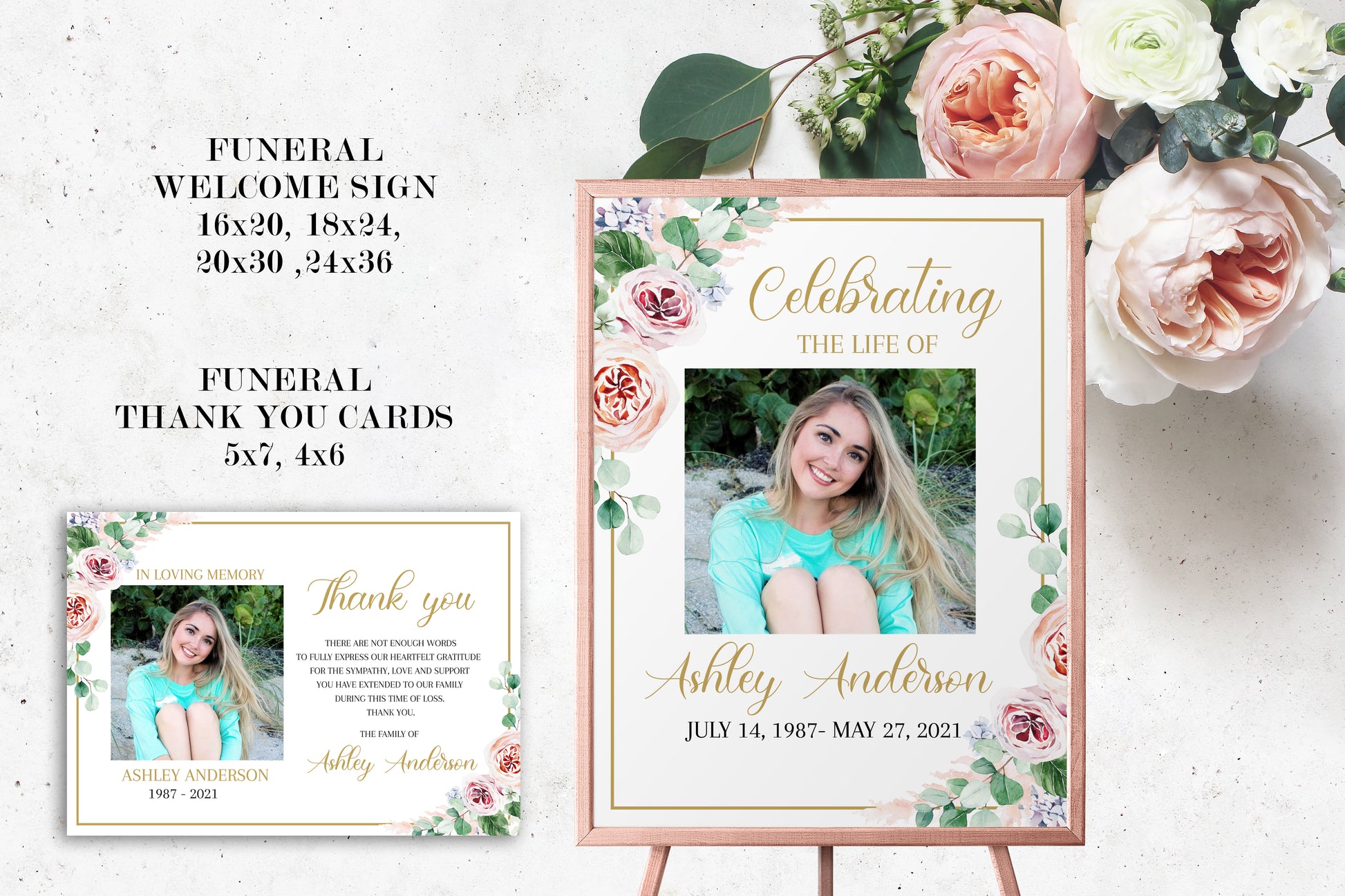Editable Blush Pink Roses Greenery Funeral Bundle, Memorial Package, Celebration of Life Invitation Package, In Loving Memory Suite, Pink Roses Funeral Set F1
