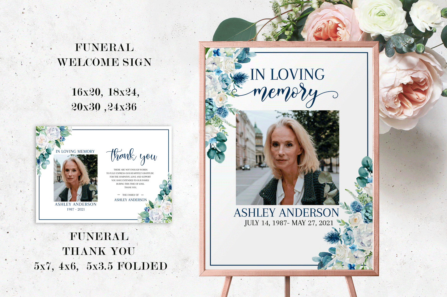 In Loving Memory Blue White Floral Funeral Bundle, Memorial Package, Celebration of Life Package, In Loving Memory Suite, Blue Funeral Set, Blue Funeral B1