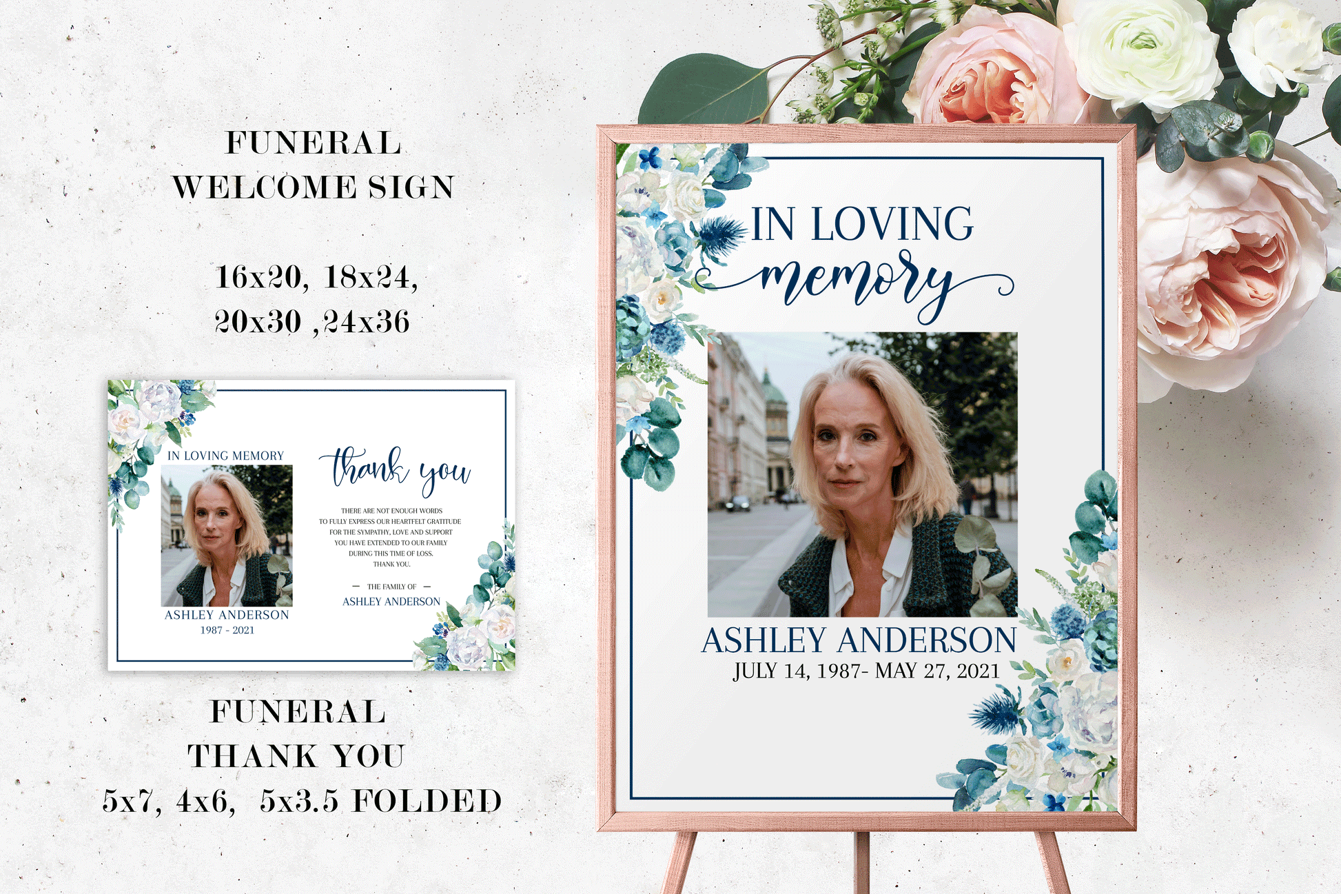 In Loving Memory Blue White Floral Funeral Bundle, Memorial Package, Celebration of Life Package, In Loving Memory Suite, Blue Funeral Set, Blue Funeral B1