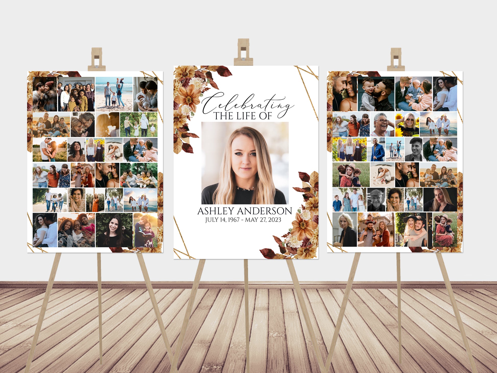 Celebration Of Life Orange Brown Dried Leaves Fall 3 Photo Collage Funeral Welcome Sign Set Template, Fall Photo Memorial Sign, Autumn Funeral Poster Photo Display Set