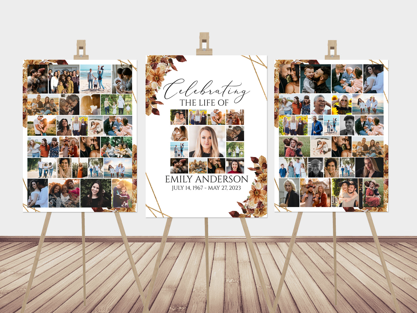 Celebration Of Life Orange Brown Dried Leaves Fall 3 Photo Collage Funeral Welcome Sign Set Template, Fall Photo Memorial Sign, Autumn Funeral Poster Photo Display Set