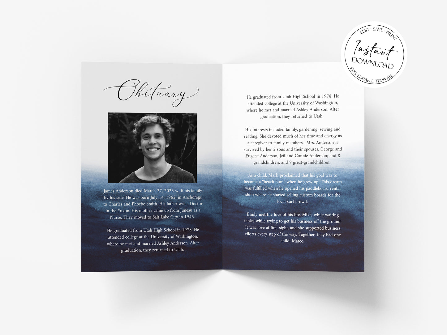 11x17 8 Page Funeral Program Template, Celebration of Life Program, Blue Watercolor Ocean Funeral Memorial Program, Blue Obituary Program Template