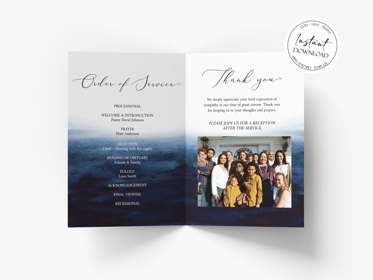 11x17 8 Page Funeral Program Template, Celebration of Life Program, Blue Watercolor Ocean Funeral Memorial Program, Blue Obituary Program Template