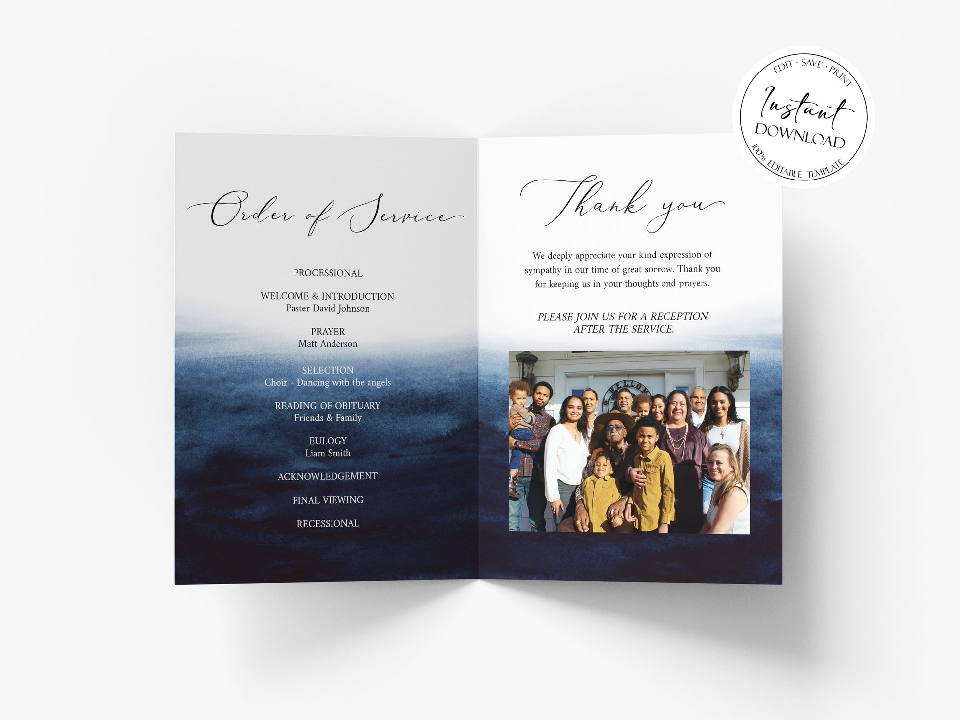 11x17 8 Page Funeral Program Template, Celebration of Life Program, Blue Watercolor Ocean Funeral Memorial Program, Blue Obituary Program Template