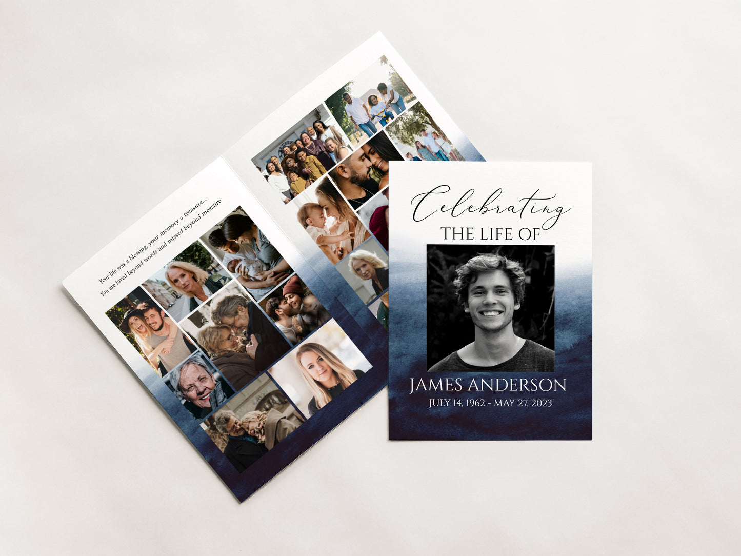 11x17 8 Page Funeral Program Template, Celebration of Life Program, Blue Watercolor Ocean Funeral Memorial Program, Blue Obituary Program Template