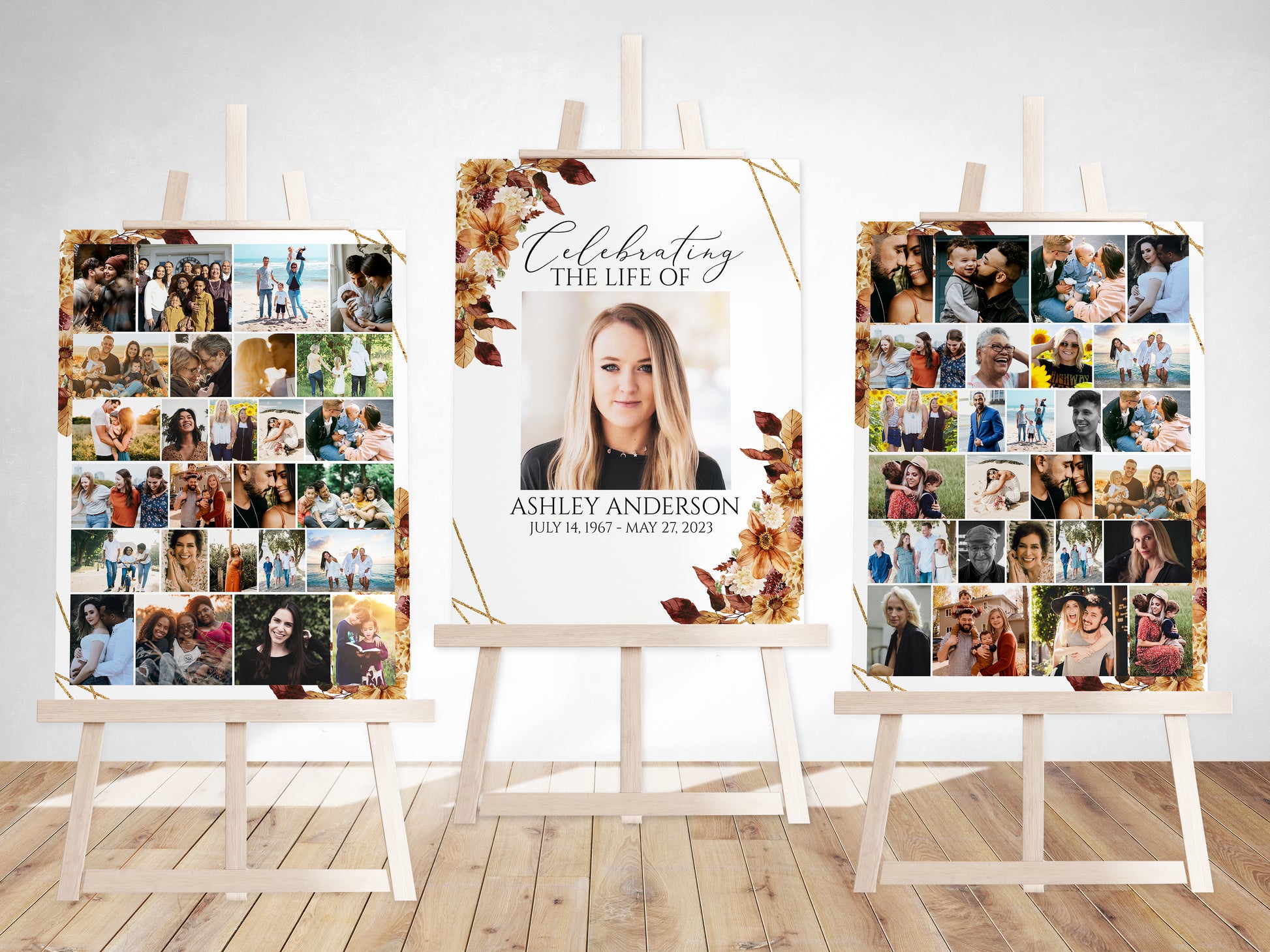 Celebration Of Life Orange Brown Dried Leaves Fall 3 Photo Collage Funeral Welcome Sign Set Template, Fall Photo Memorial Sign, Autumn Funeral Poster Photo Display Set