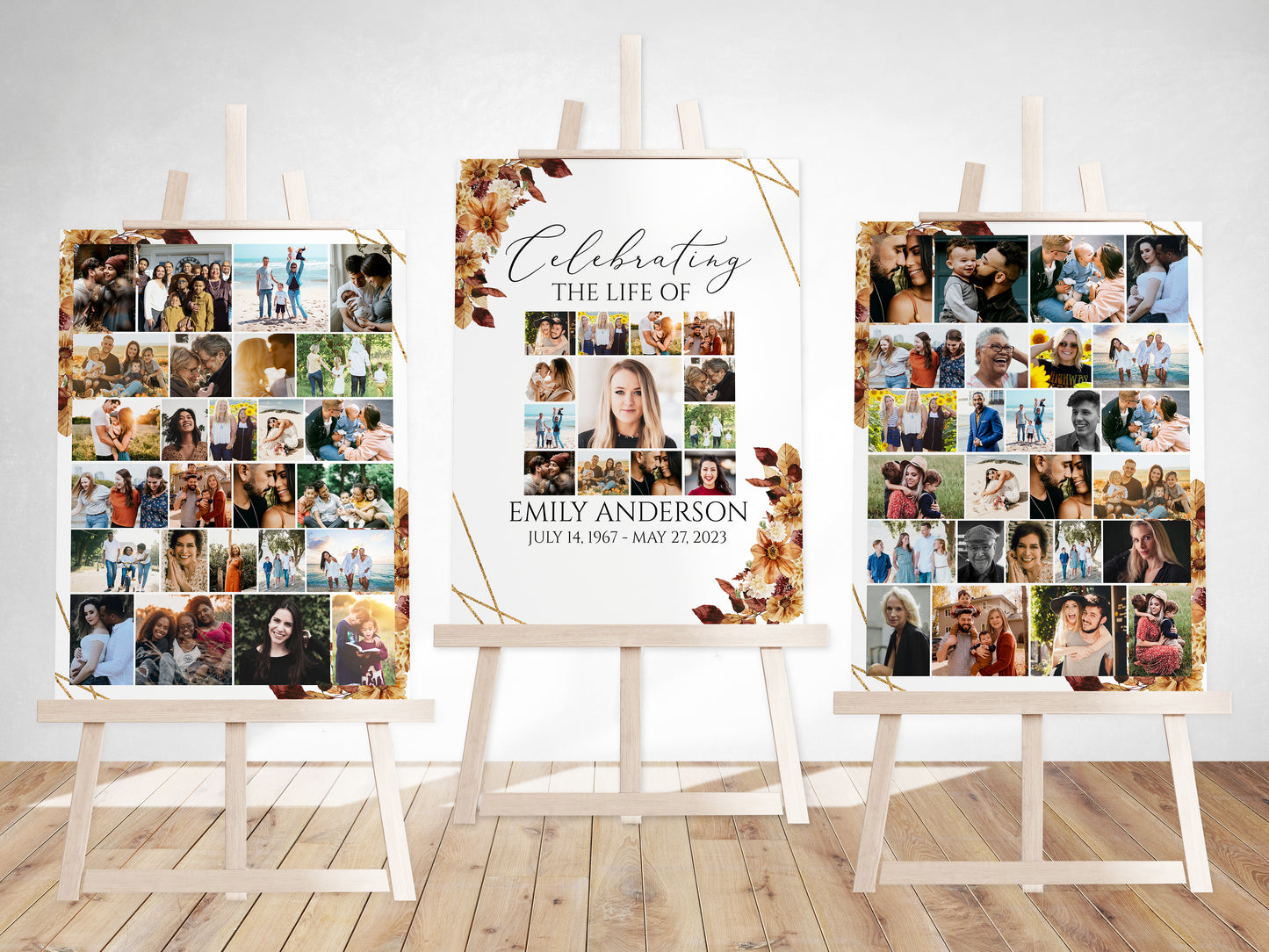 Celebration Of Life Orange Brown Dried Leaves Fall 3 Photo Collage Funeral Welcome Sign Set Template, Fall Photo Memorial Sign, Autumn Funeral Poster Photo Display Set