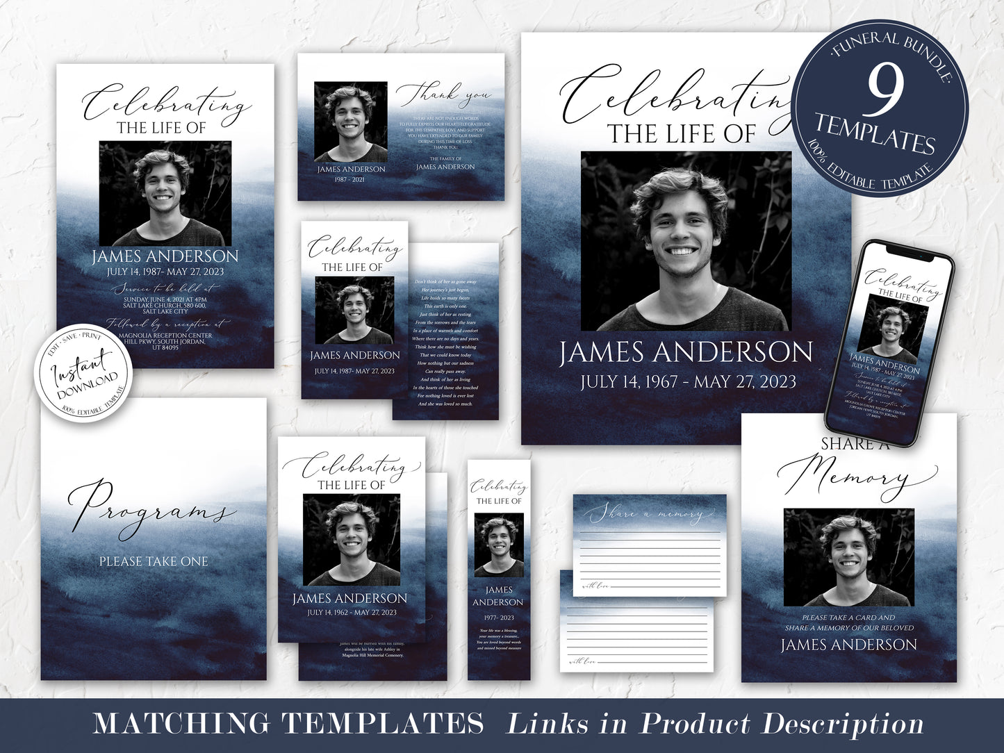 11x17 8 Page Funeral Program Template, Celebration of Life Program, Blue Watercolor Ocean Funeral Memorial Program, Blue Obituary Program Template