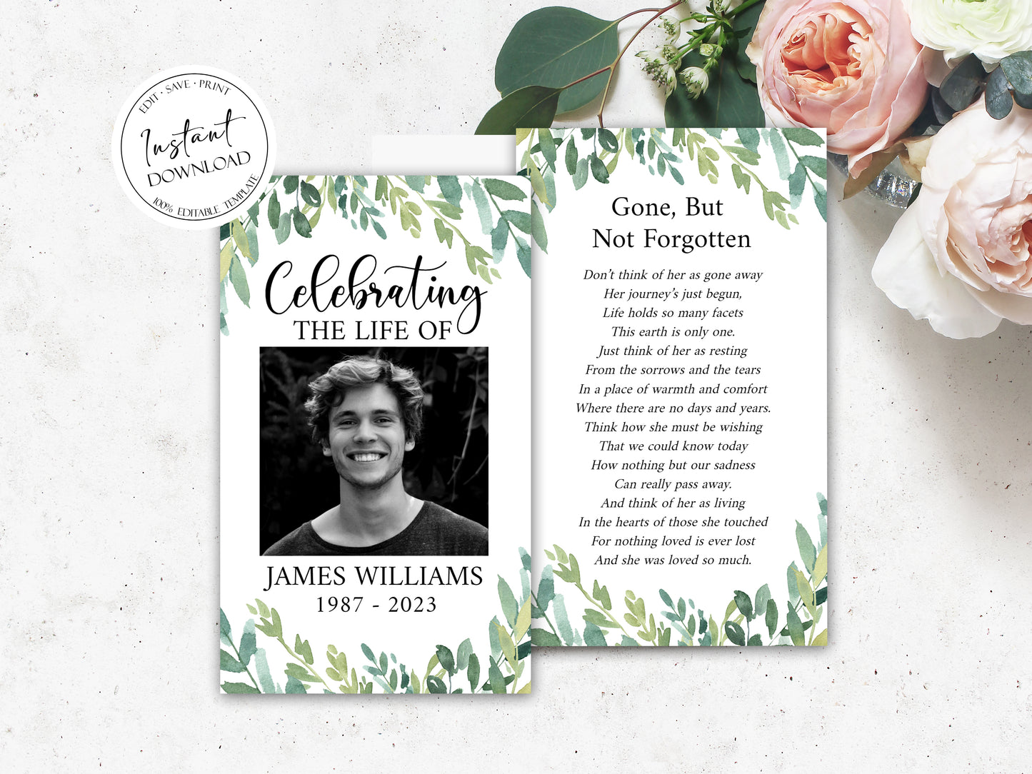 Celebration Of Life Watercolor Greenery Funeral Prayer Card Template, Printable Greenery Memorial Prayer Card Template, Greenery Funeral Prayer Card Green Catholic Prayer Cards G2