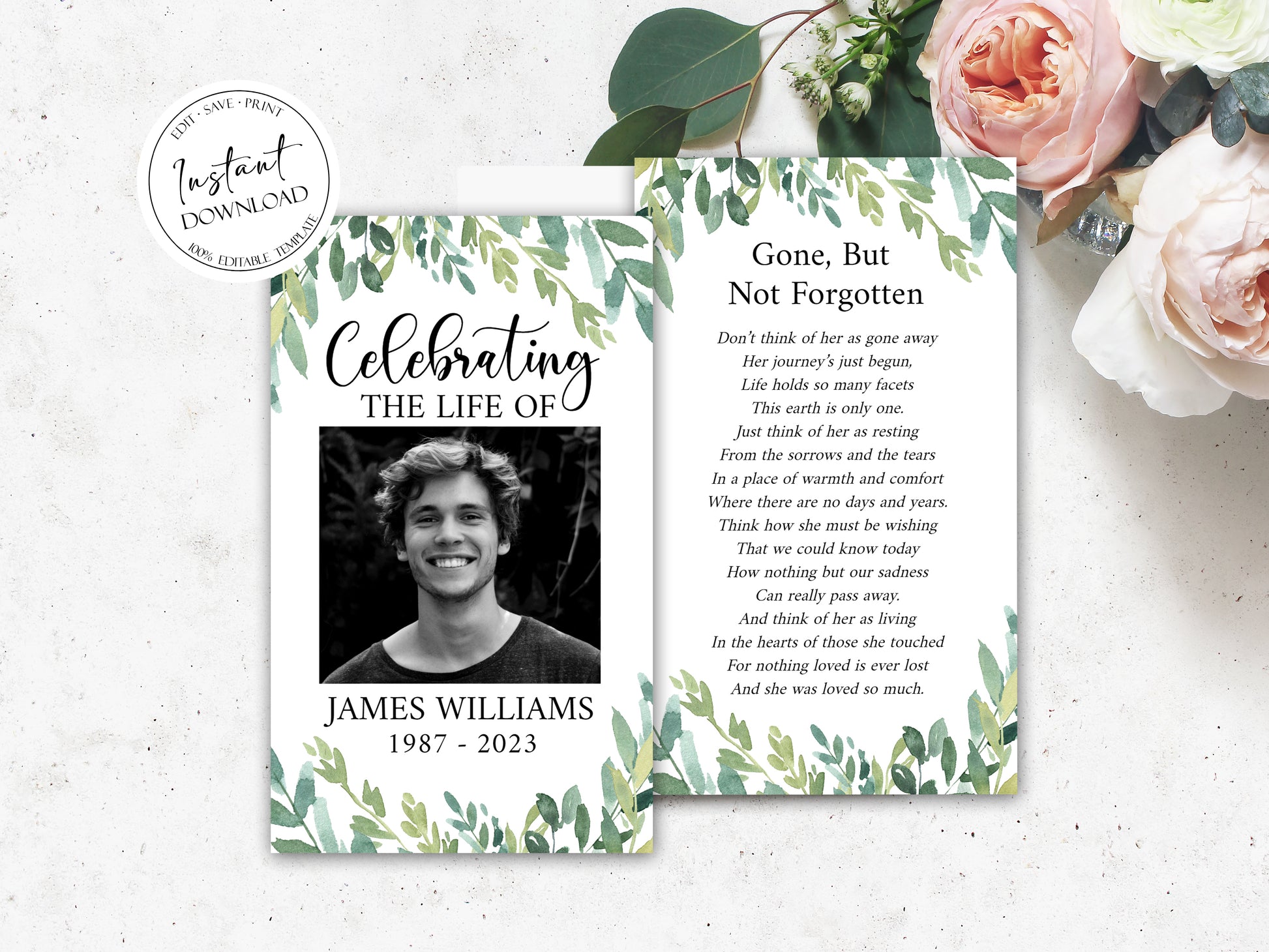 Celebration Of Life Watercolor Greenery Funeral Prayer Card Template, Printable Greenery Memorial Prayer Card Template, Greenery Funeral Prayer Card Green Catholic Prayer Cards G2