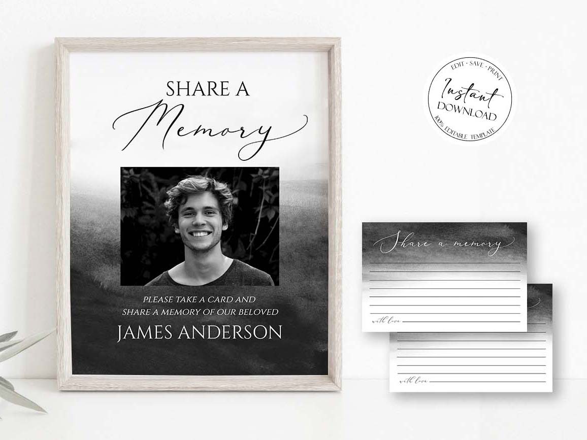 Black Watercolor Share a Memory Funeral Sign Share a Memory Card Template, Funeral Memory Card, Editable Black Funeral share a memory template