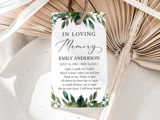 In Loving Memory Watercolor Greenery Gold Funeral Favor Tag Template, Memorial Candle Favor Tag, Editable In Loving Memory Favor Tag Funeral Keepsake Greenery Funeral Q1