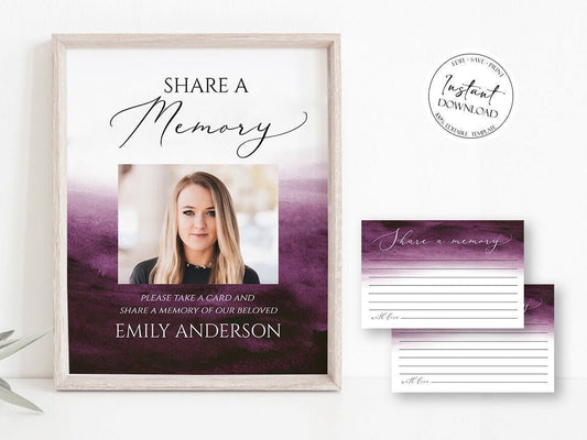 Pink Fuchsia Watercolor Share a Memory Funeral Sign Share a Memory Card Template P6