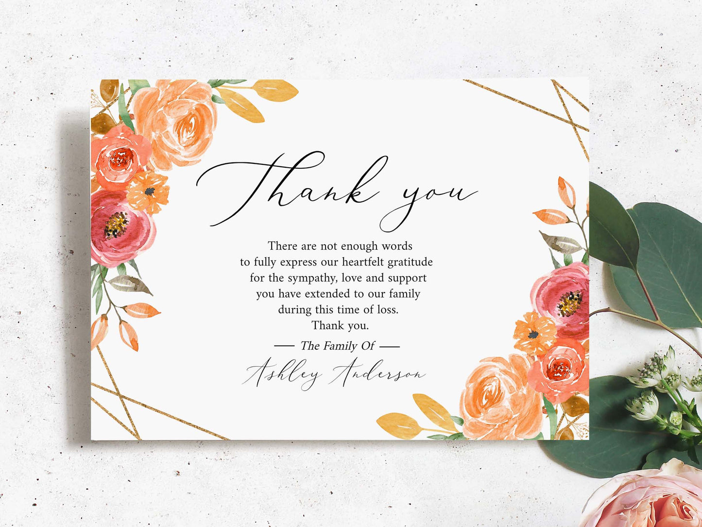 Celebration of life Orange Floral Gold Fall Funeral Thank you Card Template, Printable Memorial Thank You Card, Autumn Memorial Sympathy Thank you Cards