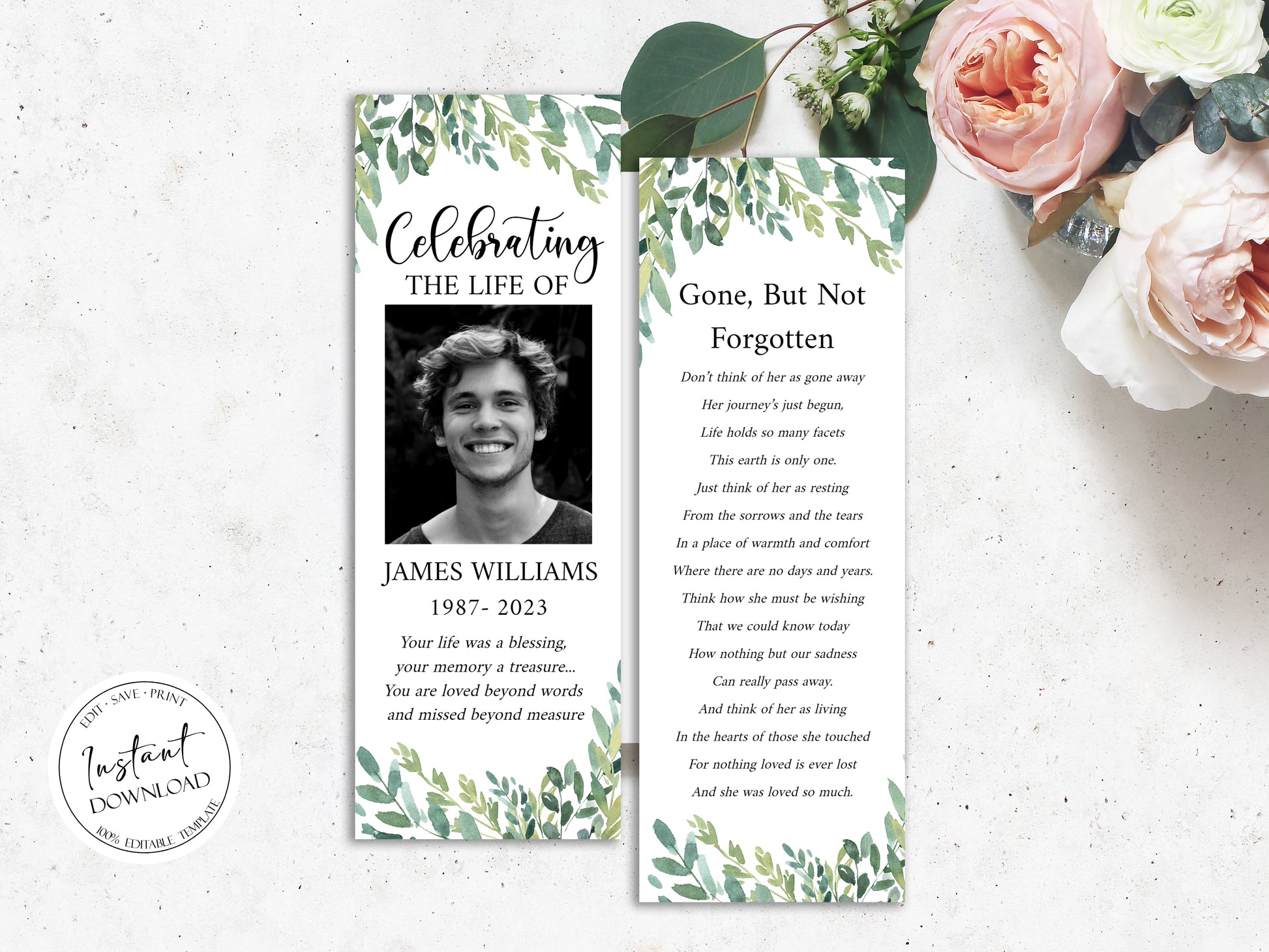 Celebration of life Watercolor Greenery Funeral Bookmark Template, Celebration of Life Bookmark, Funeral Keepsake Cards, Greenery Memorial Bookmark, Obituary Bookmark G2