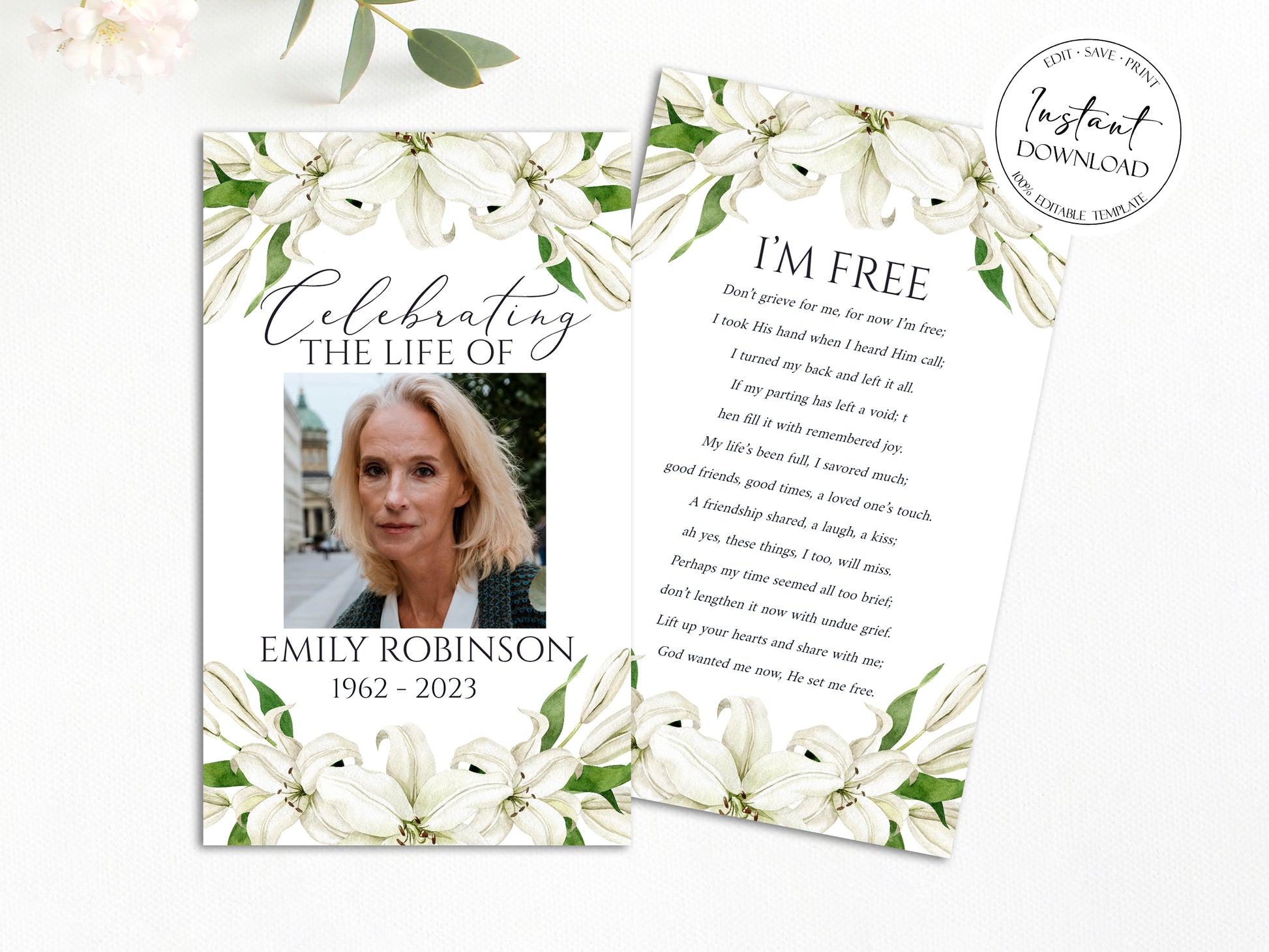 Editable Celebration of Life White Lilies Greenery Gold Funeral Prayer Card Template White Lilies Remembrance Card, Funeral Mass Card, White Lilies Funeral Keepsake