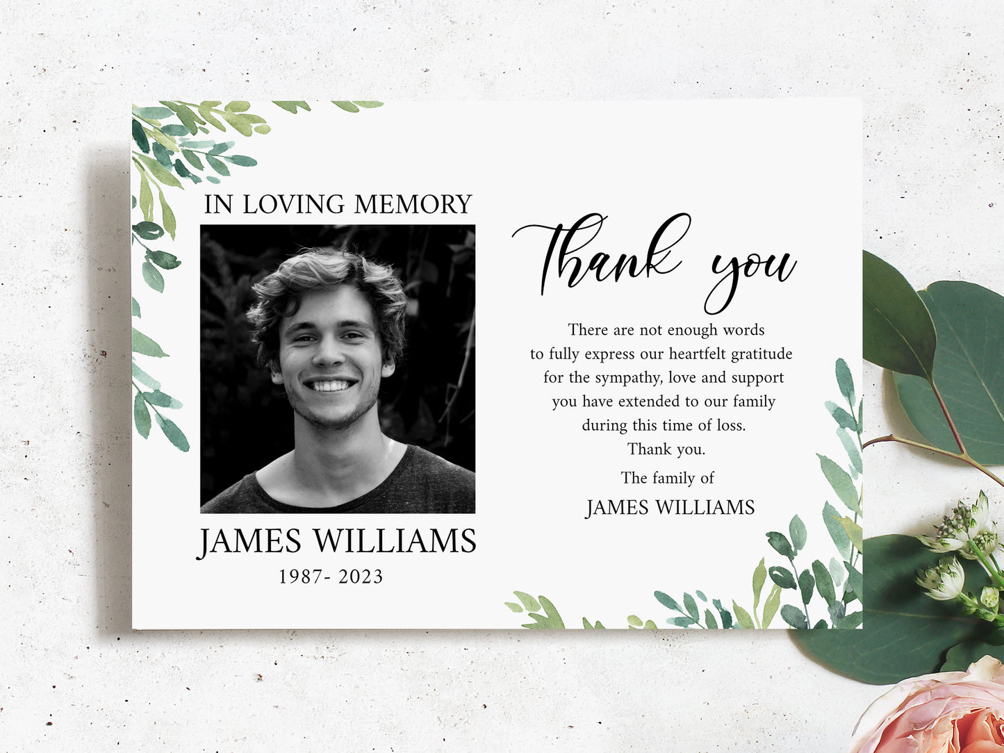 Celebration of life Watercolor Greenery Funeral Photo Thank You Card Template Printable Memorial Thank You Card Green Sympathy Card G2