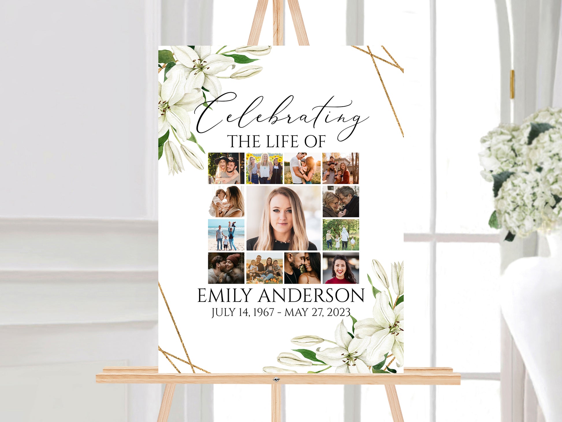 Celebration Of Life White Lilies Greenery Gold Photo Collage Funeral Welcome Sign Template, White Lilies Photo Collage Funeral Poster, Collage Memorial Service Sign