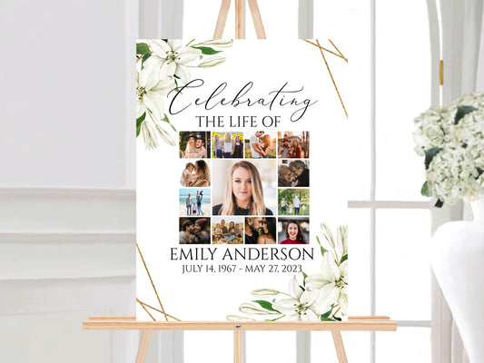 Celebration Of Life White Lilies Greenery Gold Photo Collage Funeral Welcome Sign Template, White Lilies Photo Collage Funeral Poster, Collage Memorial Service Sign