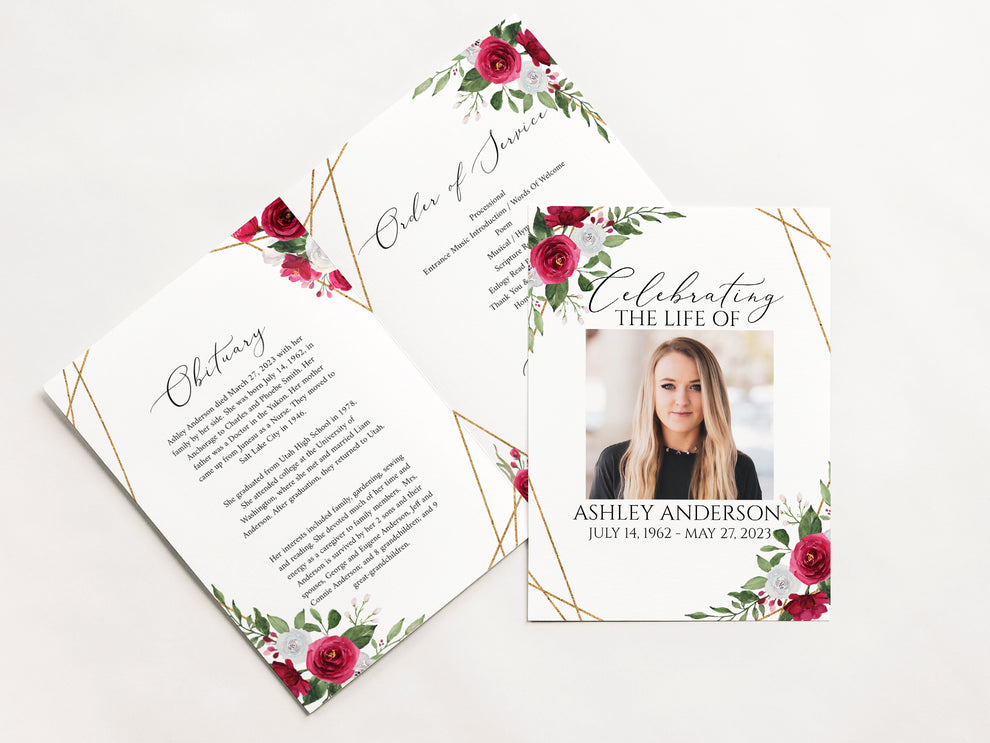 11x17 Celebration of life White Pink Roses Gold Funeral Program Templa ...